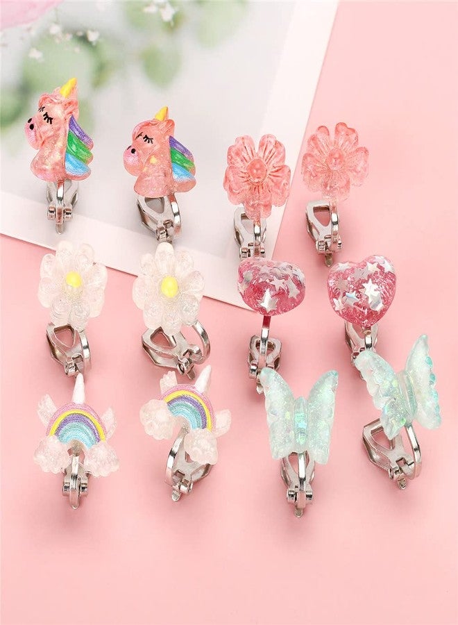 Wingchold 6Pairs Crystal Unicorn Clip On Earrings for Little Girls, Rainbow Clip-on Jewelry Butterfly Earrings Toddler Girls Dress Up Jewelry - Image 3